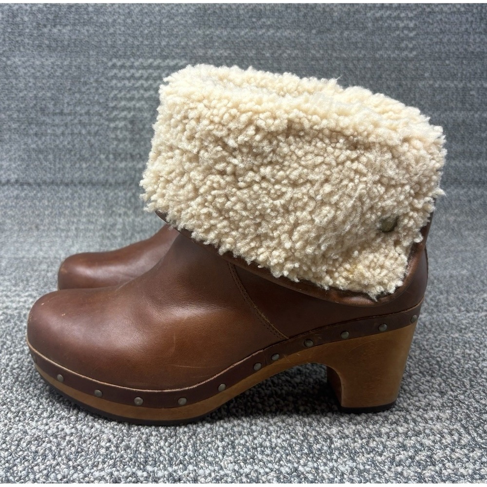 UGG Lynnea 1958 Brown Leather Foldover Shearling Clog Boots Womens 7 Wood Heel